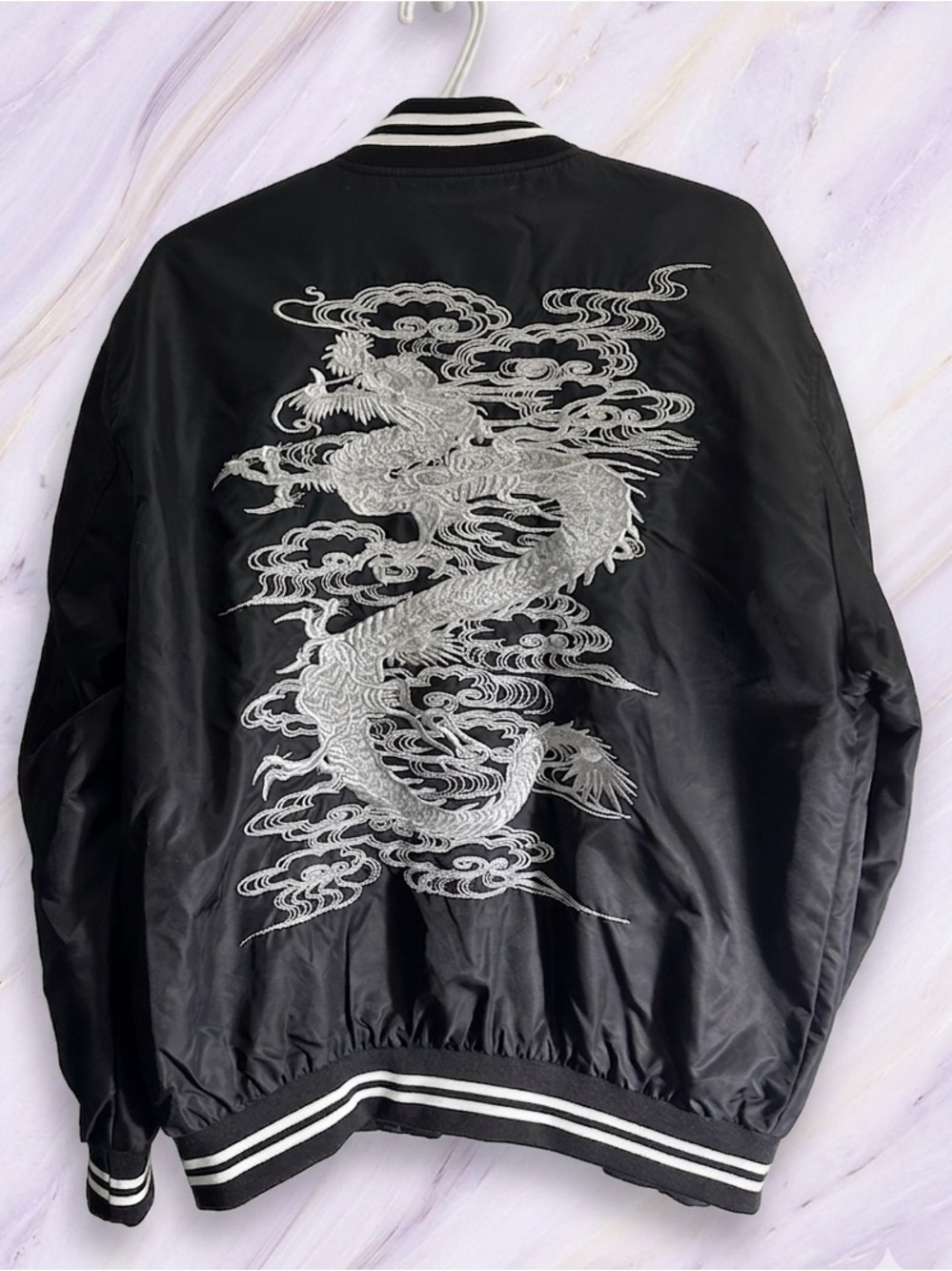 Classic Embroidered Dragon Sukajan Bomber Jacket - Black & Silver